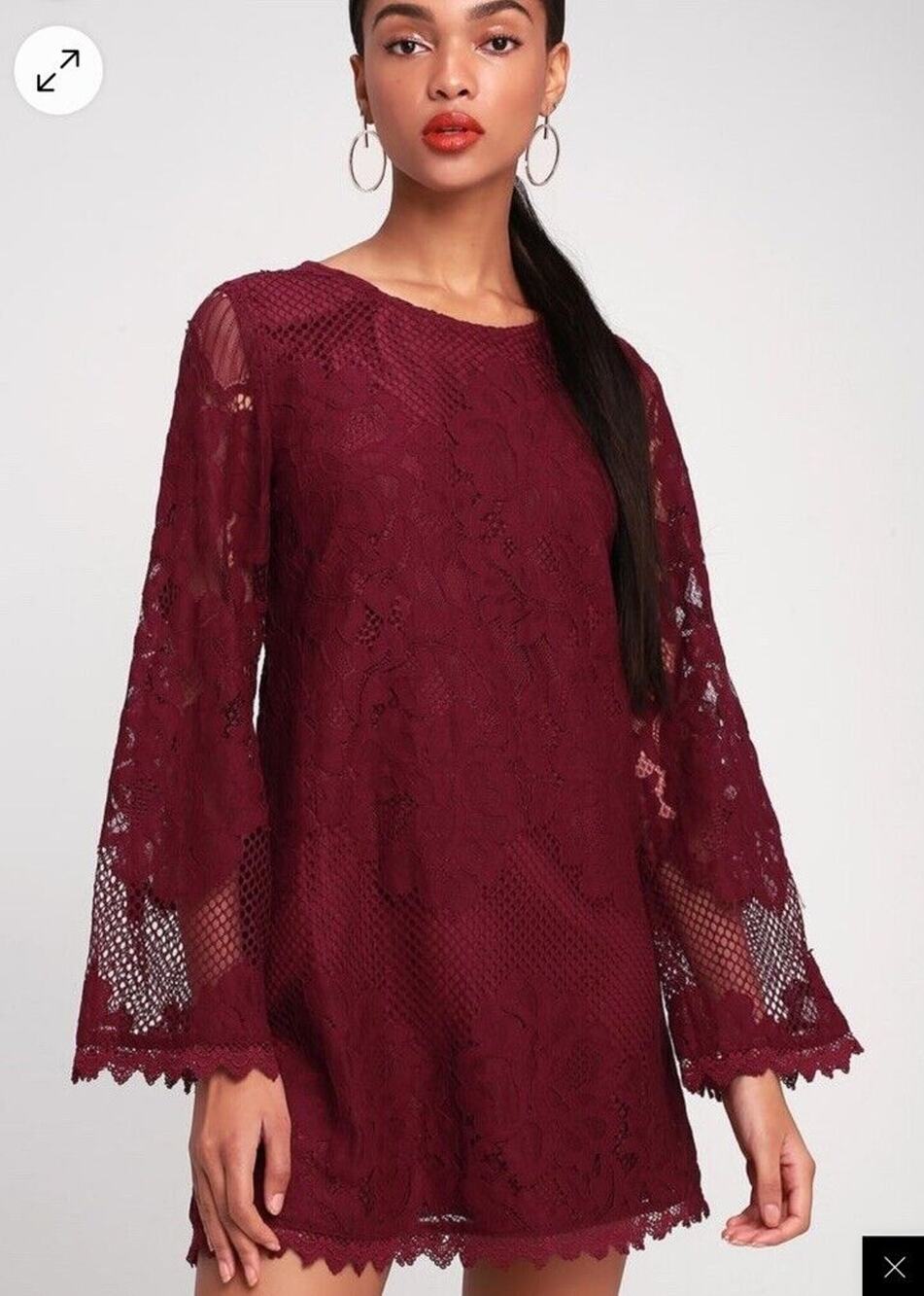 Lulus Can't Forget You Burgundy Lace Bell Sleeve Shift Dress Sz S Party Dressy